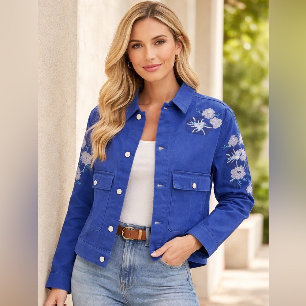 LulaRoe Kenny Blue Embroidered Floral Jacket NWT Large